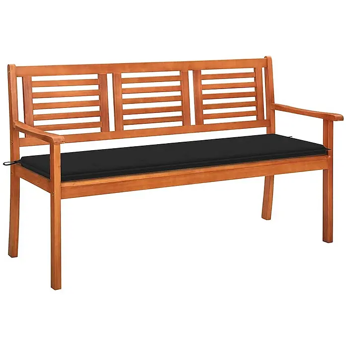 Furnicato Gartenbank Eukalyptusholz geölt - B x T x H: 150 x 60 x 89 cm, Schwarz - Braune Holzgartenbank mit einem schwarzen Sitzkissen.