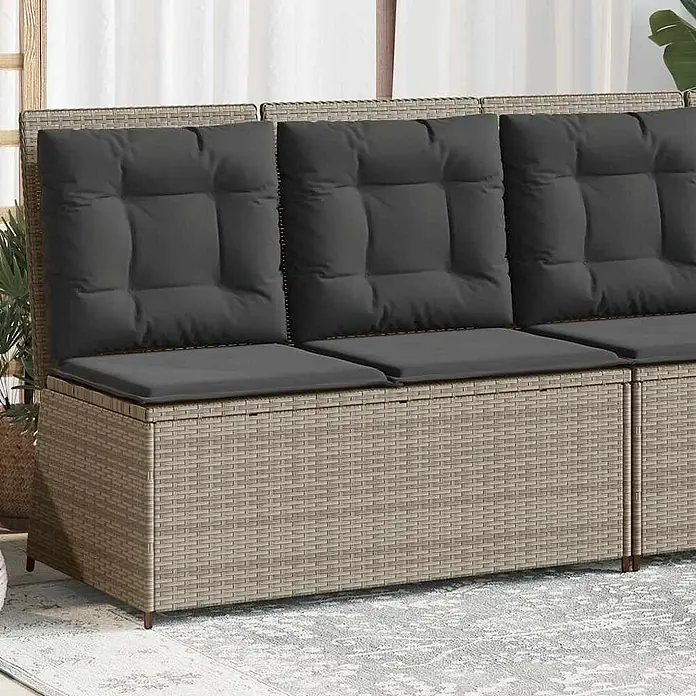 Furnicato Gartenbank - B x T x H: 95 x 95 x 95 cm, Hellgrau - Modulares hellbraunes Rattan-Gartensofa mit dunkelgrauen Kissen.