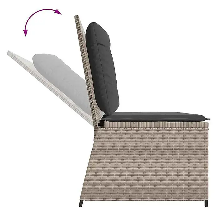 Furnicato Gartenbank - B x T x H: 95 x 95 x 95 cm, Hellgrau - Beiger Rattan-Gartensessel mit dunklen Kissen und verstellbarer Rückenlehne.