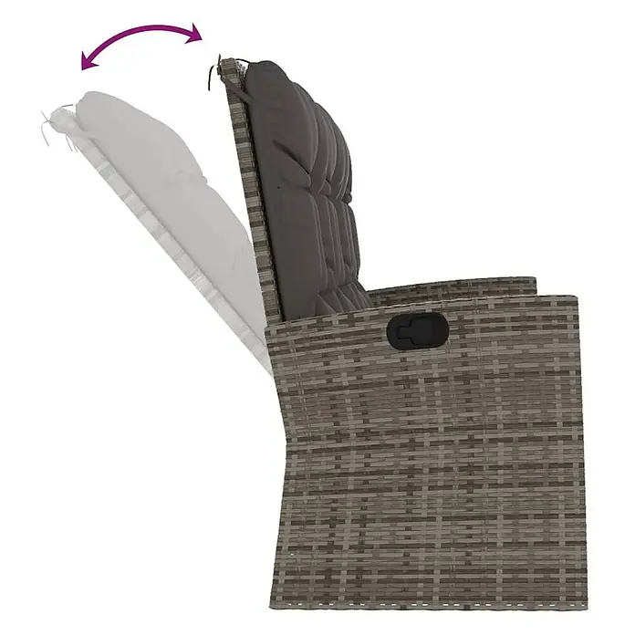 Furnicato Gartenbank PE-Rattan - B x T x H: 95 x 173 x 95 cm, Grau - Grauer Rattan-Gartenliegestuhl mit dunklen Polstern, zeigt die verstellbare Rückenlehne.