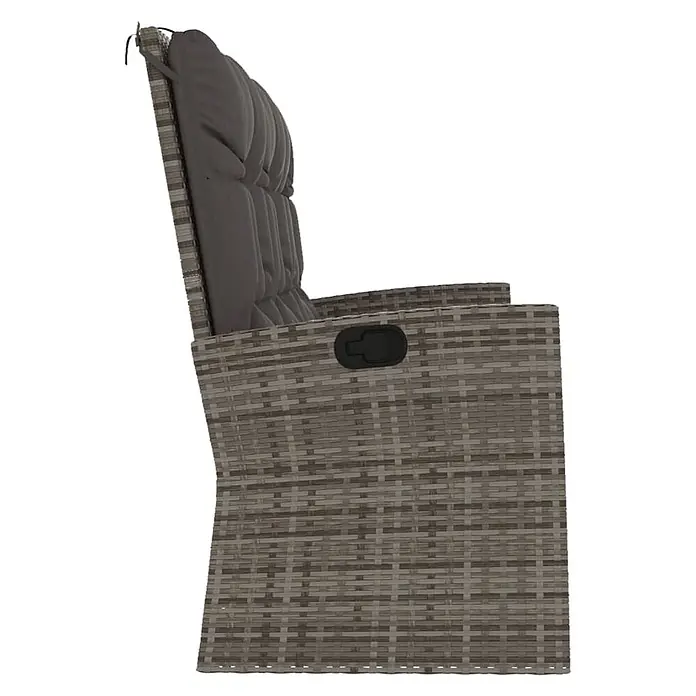 Furnicato Gartenbank PE-Rattan - B x T x H: 95 x 173 x 95 cm, Grau - Seitenansicht eines grauen Rattan-Garten-Sessels mit grauer Auflage und schwarzem Griff zum Verstellen.