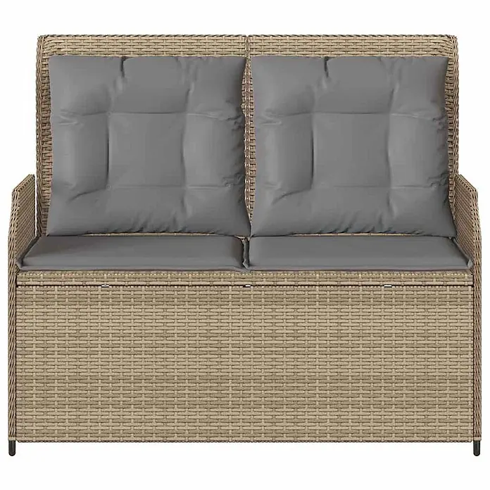 Furnicato Gartenbank - B x T x H: 95 x 110 x 95 cm, Beige und Grau - Beige Polyrattan 2-Sitzer Gartenbank mit grauen Kissen und Stauraum.