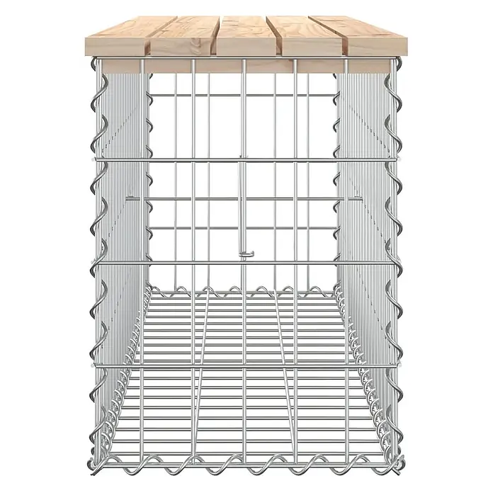 Furnicato Gartenbank Kiefernholz-Massivholz - B x T x H: 103 x 31,5 x 42 cm, Natürliche Kiefer - Silberner Metall-Gabionenkorb mit natürlicher Holzlattenabdeckung.