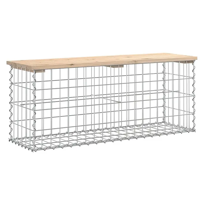 Furnicato Gartenbank Kiefernholz-Massivholz - B x T x H: 103 x 31,5 x 42 cm, Natürliche Kiefer - Silbernes Draht-Gabion mit heller Holzplatte, nutzbar als stabile Gartenbank oder Tisch.