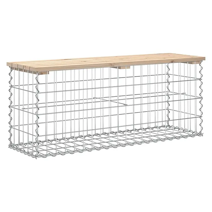 Furnicato Gartenbank Kiefernholz-Massivholz - B x T x H: 103 x 31,5 x 42 cm, Natürliche Kiefer - Rechteckige Gabionenbank mit silbernem Metallgeflecht und heller Holzplatte.
