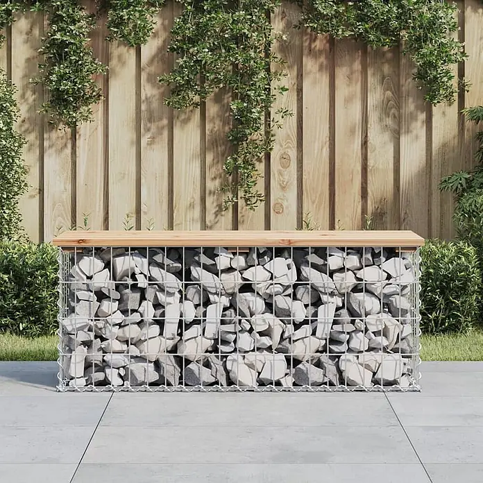 Furnicato Gartenbank Kiefernholz-Massivholz - B x T x H: 103 x 31,5 x 42 cm, Natürliche Kiefer - Gabionen-Gartenbank mit steingefülltem Metallkorb und Holzplatte für den Außenbereich.