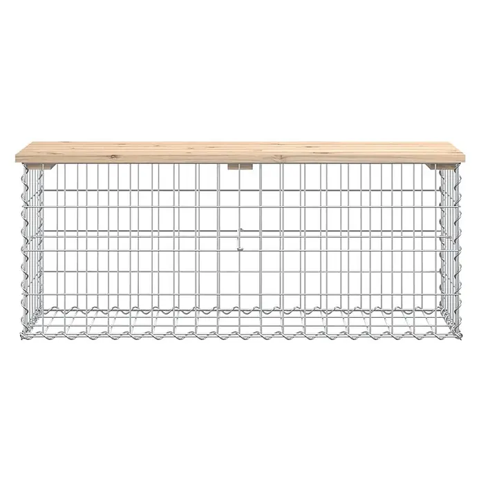 Furnicato Gartenbank Kiefernholz-Massivholz - B x T x H: 103 x 31,5 x 42 cm, Natürliche Kiefer - Gabionenbank/-tisch mit heller Holzplatte, gefertigt aus silbernem Metallgitter.