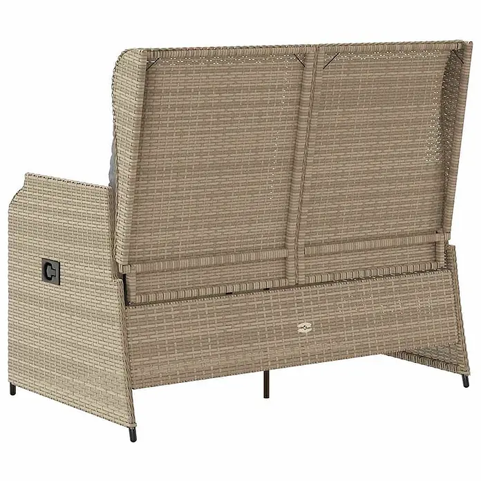 Furnicato Gartenbank - B x T x H: 95 x 110 x 95 cm, Beige und Grau - Helles braunes Polyrattan-Gartenssofa, von hinten gesehen, mit geflochtener Textur und hoher Rückenlehne.