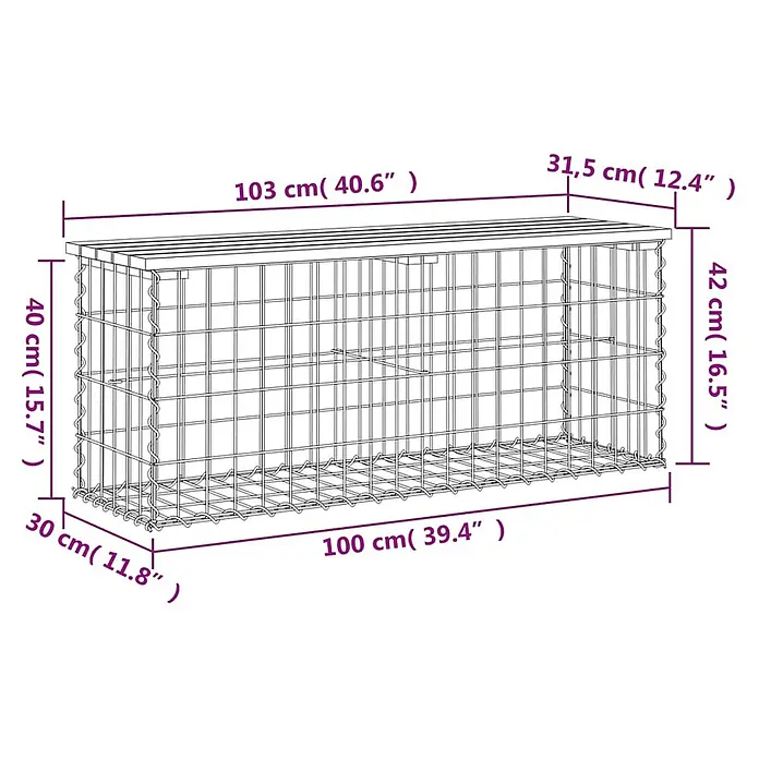 Furnicato Gartenbank Kiefernholz-Massivholz - B x T x H: 103 x 31,5 x 42 cm, Natürliche Kiefer - Rechteckiger Gabionenkorb aus Drahtgeflecht mit Holzlattenabdeckung für den Außenbereich, 103x31,5x42 cm.