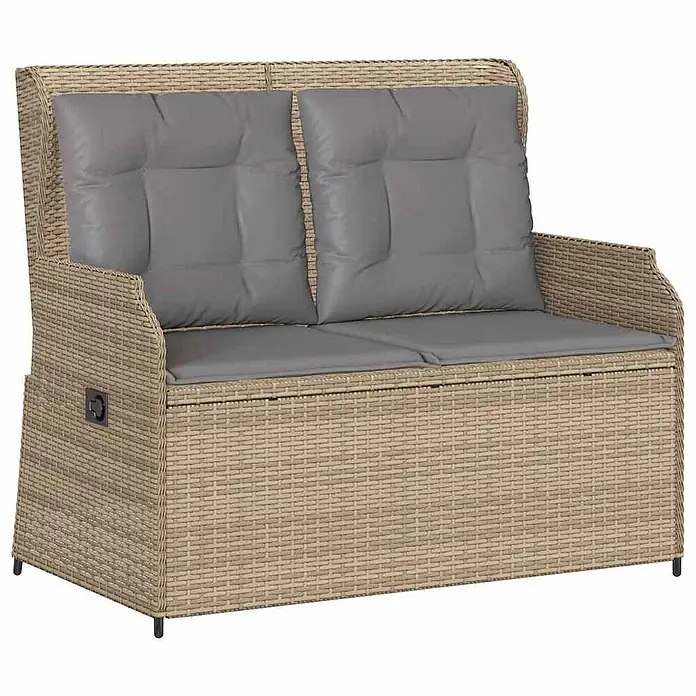 Furnicato Gartenbank - B x T x H: 95 x 110 x 95 cm, Beige und Grau - Beige Rattan-Optik 2-Sitzer Gartenbank mit grauen Kissen und integriertem Stauraum.