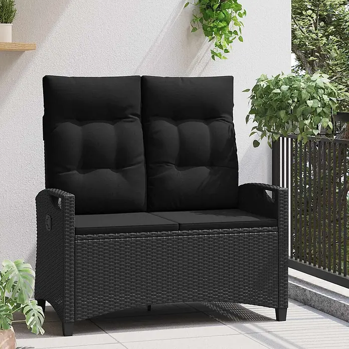 Furnicato Gartenbank pulverbeschichtet - B x T x H: 60 x 105 x 112 cm, Schwarz - Schwarze Polyrattan 2-Sitzer Gartenbank mit hohen schwarzen Kissen für Terrasse oder Balkon.