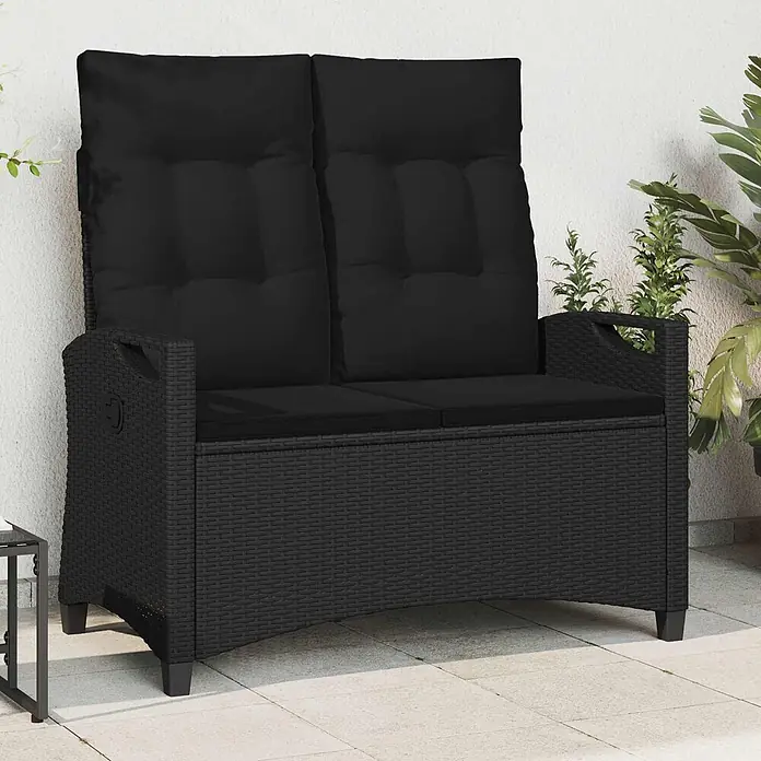 Furnicato Gartenbank pulverbeschichtet - B x T x H: 60 x 105 x 112 cm, Schwarz - Schwarze Rattan-Gartenbank für zwei Personen mit schwarzen Kissen, ideal für Terrassen oder Balkone.