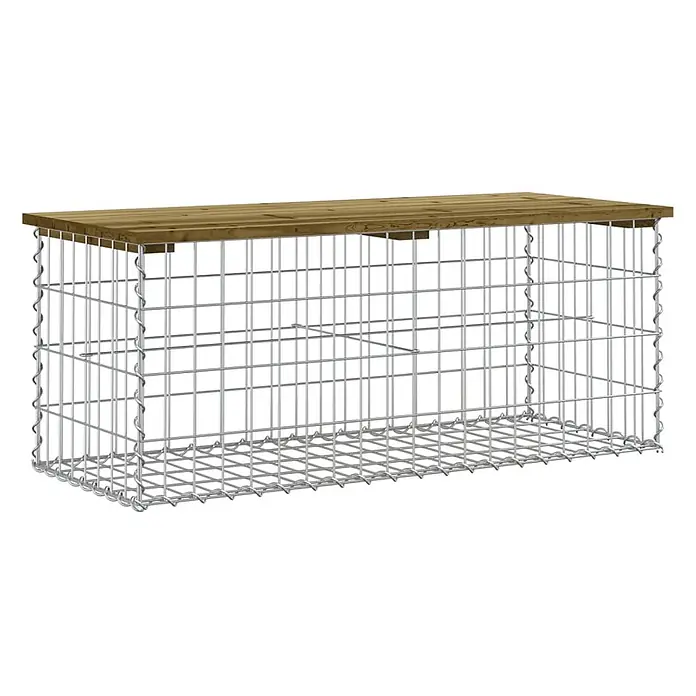 Furnicato Gartenbank Kiefernholz imprägniert - B x T x H: 103 x 44 x 42 cm, Imprägniertes Kiefernholz - Länglicher, rechteckiger Gabionenkorb aus verzinktem Draht mit rechteckiger brauner Holzplatte.