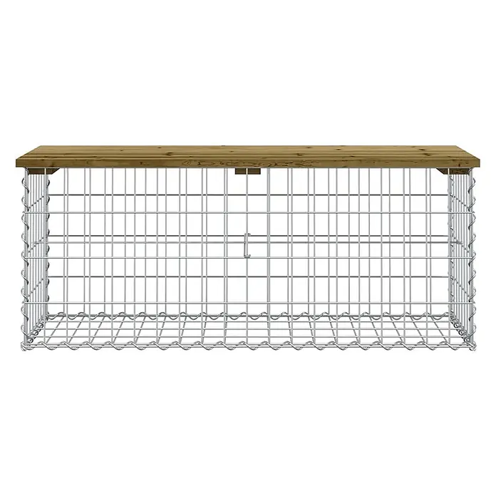 Furnicato Gartenbank Kiefernholz imprägniert - B x T x H: 103 x 44 x 42 cm, Imprägniertes Kiefernholz - Rechteckiger Gabionenkasten aus silbernem Drahtgeflecht mit brauner Holzplatte.