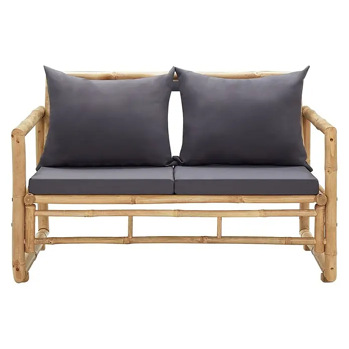 Furnicato Gartenbank - Grau - Zweisitziges Bambus-Gartensofa mit dunkelgrauen Sitz- und Rückenkissen.