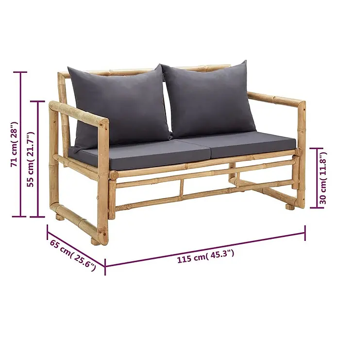 Furnicato Gartenbank - Grau - Bambus-Zweisitzer-Sofa mit dunkelgrauen Kissen und Maßen.