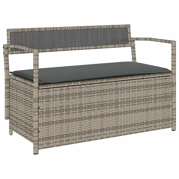 Furnicato Gartenbank PE-Rattan - B x T x H: 111,5 x 54 x 74 cm, Grau und Dunkelgrau - Rattan-Gartenbank mit Stauraum, Rückenlehne und Armlehnen, hellgrau/beige mit dunkelgrauem Kissen.