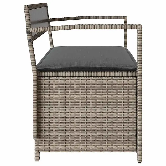 Furnicato Gartenbank PE-Rattan - B x T x H: 111,5 x 54 x 74 cm, Grau und Dunkelgrau - Seitenansicht einer hellgrauen Rattan-Aufbewahrungsbank mit dunkelgrauem Kissen.