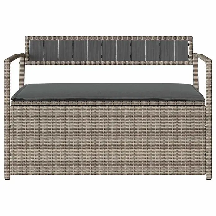 Furnicato Gartenbank PE-Rattan - B x T x H: 111,5 x 54 x 74 cm, Grau und Dunkelgrau - Hellbraune Rattan-Gartenbank mit Stauraum, dunkelgraues Kissen und Rückenlehne.
