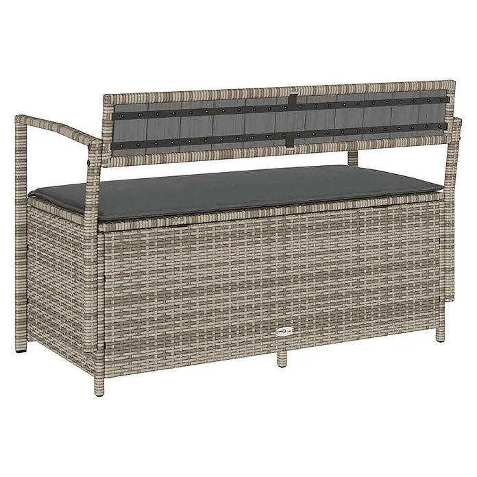 Furnicato Gartenbank PE-Rattan - B x T x H: 111,5 x 54 x 74 cm, Grau und Dunkelgrau - Hellgraue Polyrattan-Sitzbank mit Stauraum, dunklem Kissen und Rückenlehne.
