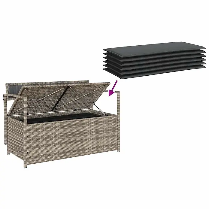 Furnicato Gartenbank PE-Rattan - B x T x H: 111,5 x 54 x 74 cm, Grau und Dunkelgrau - Hellbraune Aufbewahrungsbox in Rattan-Optik mit offenem Deckel und schwarzen Kissen zur Aufbewahrung.