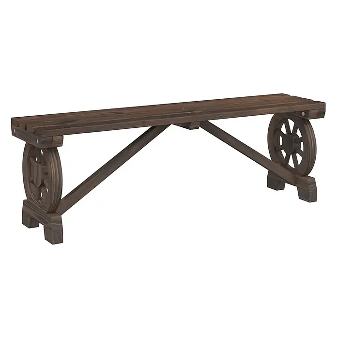 Furnicato Gartenbank Tannen-Massivholz gebrannt - B x T x H: 115 x 28 x 39,5 cm, Dunkelbraun - Dunkelbraune Holzbank mit Lattenrost und dekorativen Wagenrad-Beinen.
