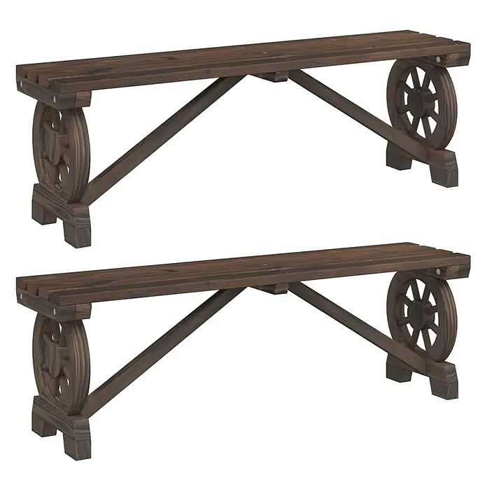 Furnicato Gartenbank Tannen-Massivholz gebrannt - B x T x H: 115 x 28 x 39,5 cm, Dunkelbraun - Zwei dunkelbraune Holzbänke mit dekorativen Wagenrad-Enden.