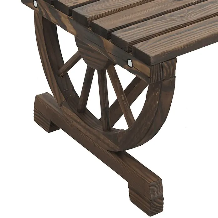 Furnicato Gartenbank Tannen-Massivholz gebrannt - B x T x H: 115 x 28 x 39,5 cm, Dunkelbraun - Dunkelbraune Holzbank mit Lattenrost und dekorativen Wagenrad-Beinen, ideal für rustikale Sitzgelegenheiten.