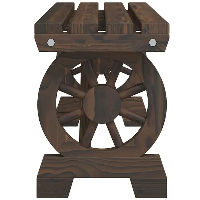 Furnicato Gartenbank Tannen-Massivholz gebrannt - B x T x H: 115 x 28 x 39,5 cm, Dunkelbraun - Dunkelbraune Gartenbank aus Holz mit Lattenrostsitzfläche und dekorativen Wagenradseiten.