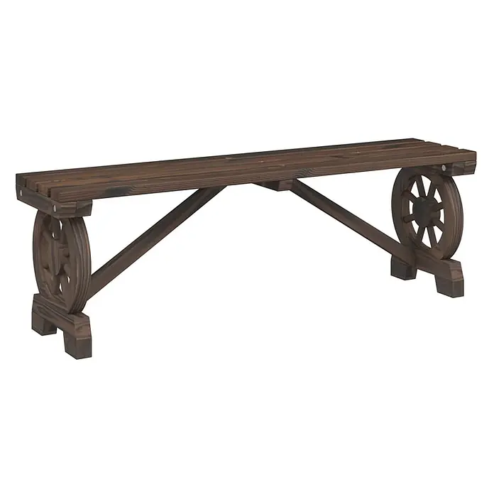 Furnicato Gartenbank Tannen-Massivholz gebrannt - B x T x H: 115 x 28 x 39,5 cm, Dunkelbraun - Dunkelbraune Gartenbank aus Holz mit Lattenrost und dekorativen Wagenrad-Enden.