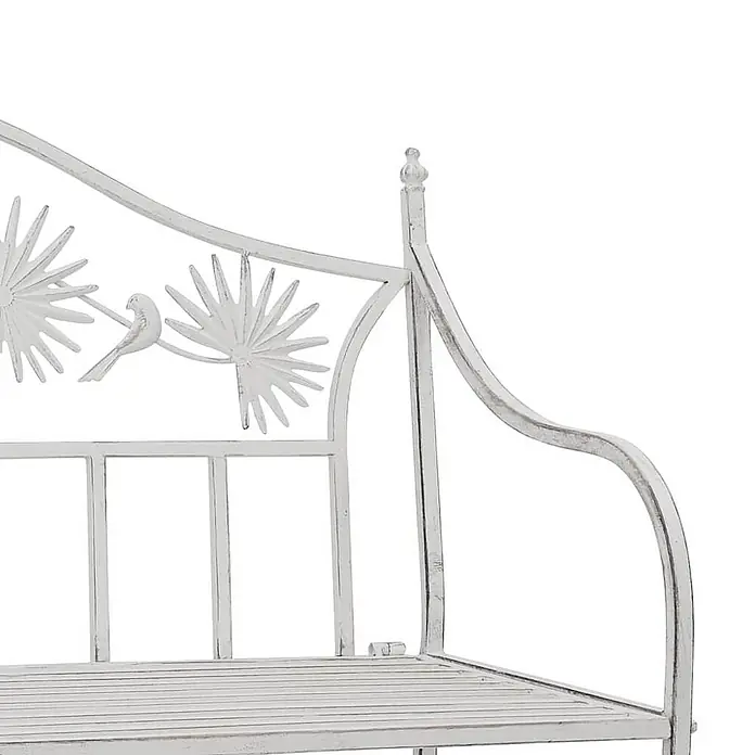 Furnicato Gartenbank Stahl Antik-Weiß - B x T x H: 52,5 x 104 x 89 cm, Weiß - Gartenbank aus weißem Used-Look-Metall mit Palmenblatt- und Vogeldetails auf der Rückenlehne.