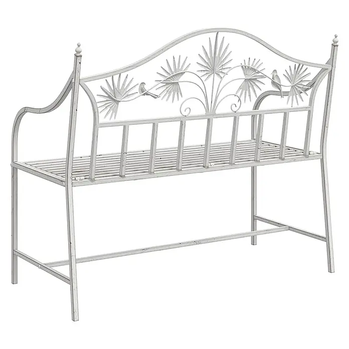 Furnicato Gartenbank Stahl Antik-Weiß - B x T x H: 52,5 x 104 x 89 cm, Weiß - Weiße Metallgartenbank mit dekorativer Rückenlehne, die Palmenblätter und Vögel zeigt.