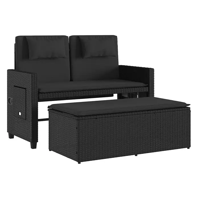 Furnicato Gartenbank - B x T x H: 58 x 102 x 83 cm, Schwarz - Schwarzes Rattan-Outdoor-Sofa mit zwei Sitzen und passender Aufbewahrungsbank, beide mit schwarzen Kissen.