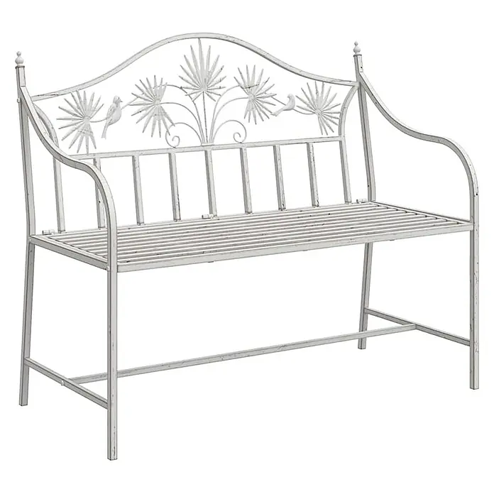 Furnicato Gartenbank Stahl Antik-Weiß - B x T x H: 52,5 x 104 x 89 cm, Weiß - Antikweiße Metallgartenbank mit dekorativer Rückenlehne, Palmenblättern und Vögeln sowie einer Lattenrostsitzfläche.