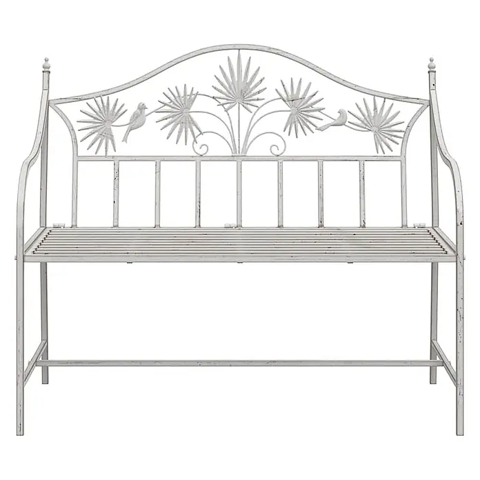 Furnicato Gartenbank Stahl Antik-Weiß - B x T x H: 52,5 x 104 x 89 cm, Weiß - Distressed weiße Metall-Gartenbank mit dekorativer Rückenlehne, verziert mit Palmenblättern und Vögeln.
