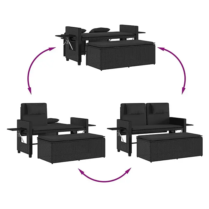 Furnicato Gartenbank - B x T x H: 58 x 102 x 83 cm, Schwarz - Schwarzes Rattan-Modul-Gartenmöbelset, wandelbar zwischen Sonnenliege und Zweisitzer-Sofa mit Beistelltischen und Ottomane.