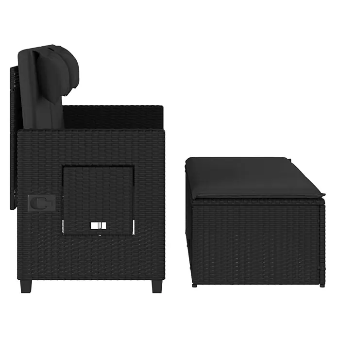 Furnicato Gartenbank - B x T x H: 58 x 102 x 83 cm, Schwarz - Schwarzer Polyrattan Gartenliegestuhl mit Kissen und passendem Hocker.