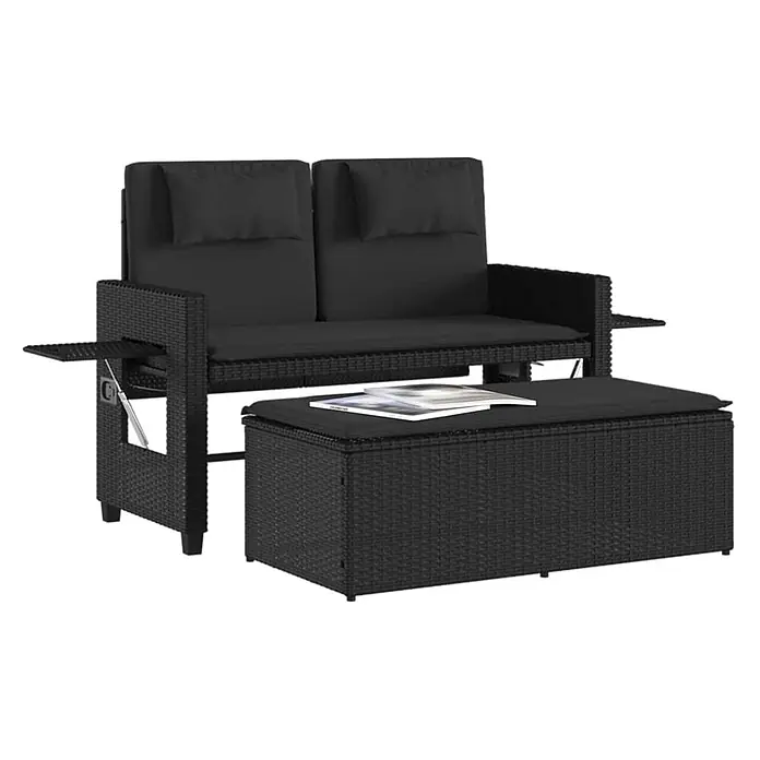 Furnicato Gartenbank - B x T x H: 58 x 102 x 83 cm, Schwarz - Schwarzes Rattan-Sitzset für draußen: 2er-Sofa mit ausziehbaren Tischen und passender Aufbewahrungstruhe.