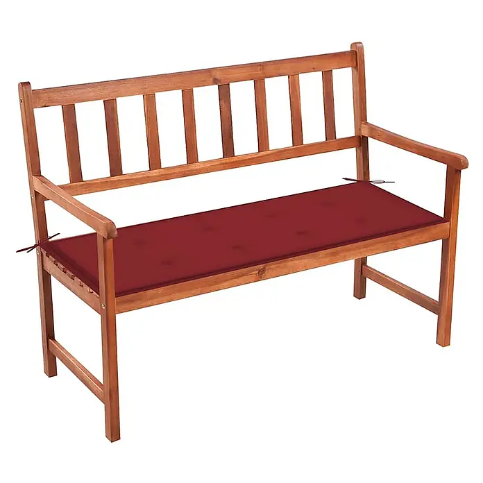 Furnicato Gartenbank Akazienholz geölt - B x T x H: 58 x 120 x 90 cm, Weinrot - Holz Gartenbank mit einem roten, getufteten Sitzkissen. Ideal für bequemes Sitzen im Freien.