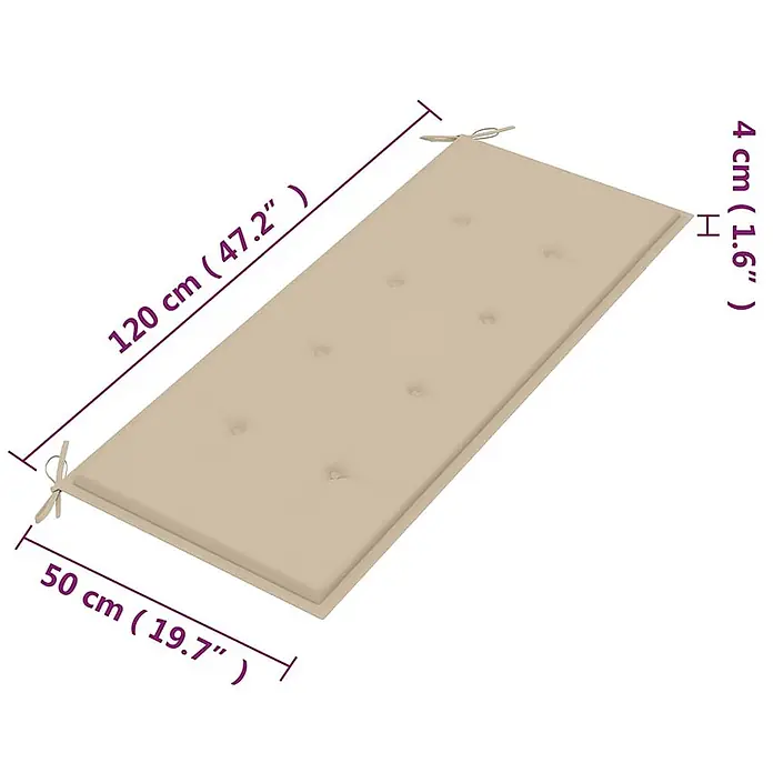 Furnicato Gartenbank - B x T x H: 60 x 120 x 89 cm, Beige - Rechteckiges, beiges Gartenkissen mit Zierheftung und Bändern, 120x50x4 cm.