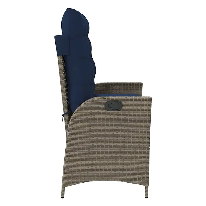 Furnicato Gartenbank PE-Rattan - B x T x H: 104 x 86 x 83 cm, Grau - Brauner Rattansessel mit blauen Kissen und schwarzem Verstellgriff an der Armlehne.