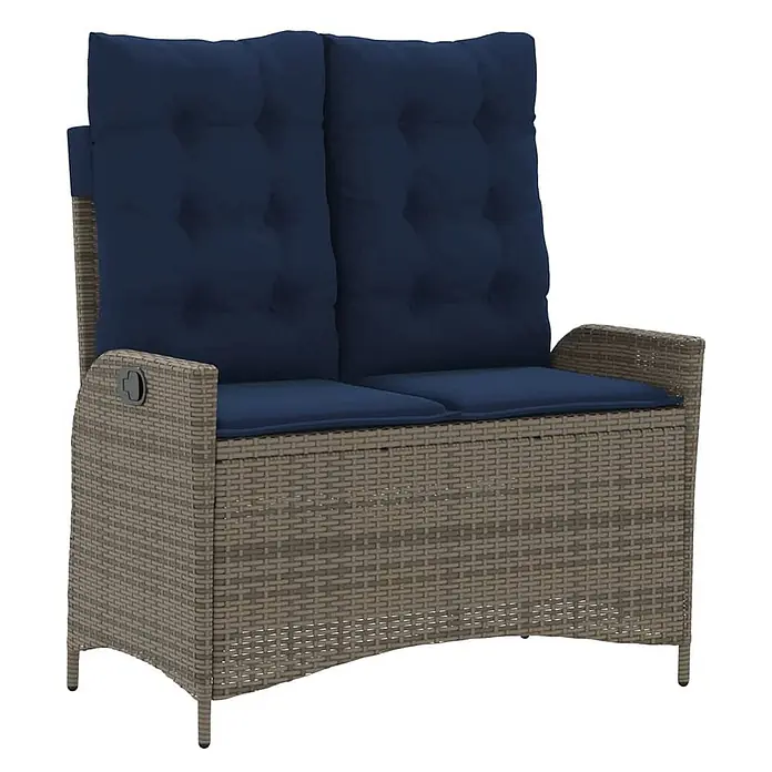 Furnicato Gartenbank PE-Rattan - B x T x H: 104 x 86 x 83 cm, Grau - Geflochtenes Zweisitzer-Gartensofa mit marineblauen Kissen, ausgestattet mit Verstellmechanismus.