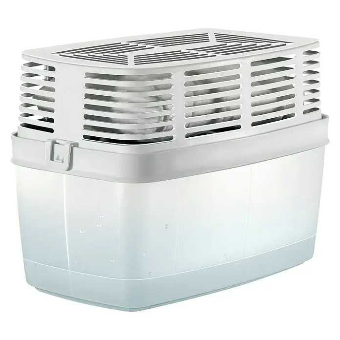Humydry Deshumidificador Premium 1000g - 1.000 g, Blanco - Un deshumidificador blanco con un recipiente transparente. Perfecto para reducir la humedad y crear un ambiente interior confortable.