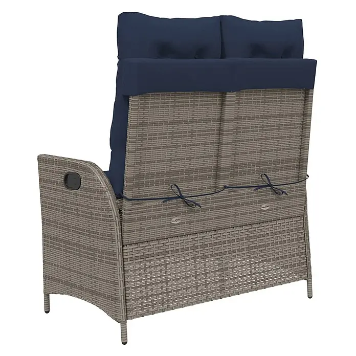 Furnicato Gartenbank PE-Rattan - B x T x H: 104 x 86 x 83 cm, Grau - Outdoor-Zweisitzer-Bank mit grauem Rattangeflecht und dunkelblauen Kissen. Mit seitlichen Griffen und Kissenbändern.
