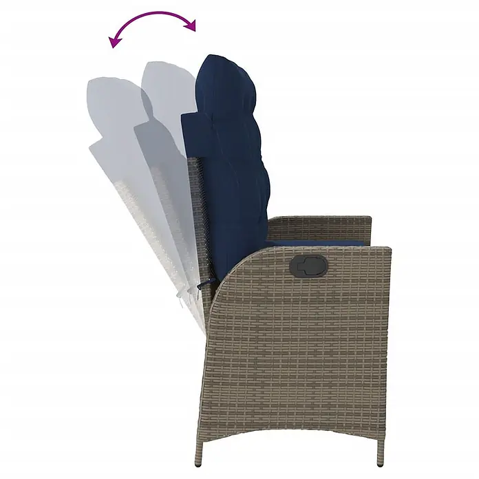 Furnicato Gartenbank PE-Rattan - B x T x H: 104 x 86 x 83 cm, Grau - Brauner Polyrattan-Gartensessel mit blauer Auflage, dessen verstellbare Rückenlehne in Bewegung gezeigt wird.