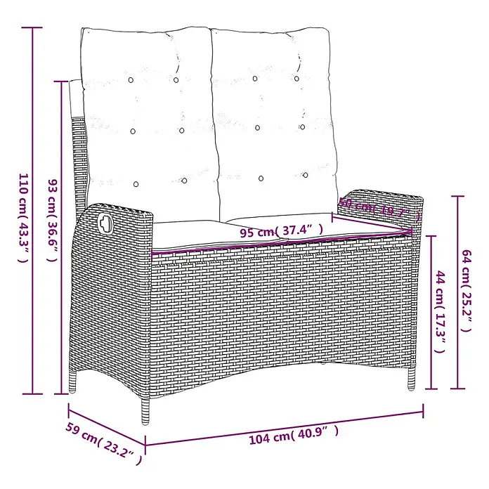 Furnicato Gartenbank - B x T x H: 59 x 86 x 93 cm, Schwarz - Maßzeichnung eines 2-Sitzer Outdoor-Rattansofas mit Kissen, mit Höhen-, Breiten- und Tiefenangaben.
