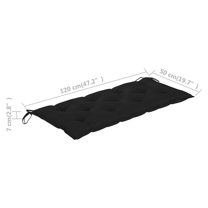 Furnicato Gartenbank Akazienholz geölt - B x T x H: 58 x 120 x 90 cm, Schwarz - Schwarzes gestepptes rechteckiges Kissen mit Bändern, 120x50x7 cm.