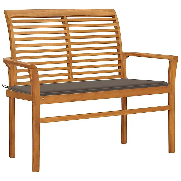 Furnicato Gartenbank Teakholz lackiert - B x T x H: 112 x 55 x 94 cm, Taupe - Hellbraune Gartenbank aus Holz mit Lamellenrückenlehne und dunkelgrauem Kissen.