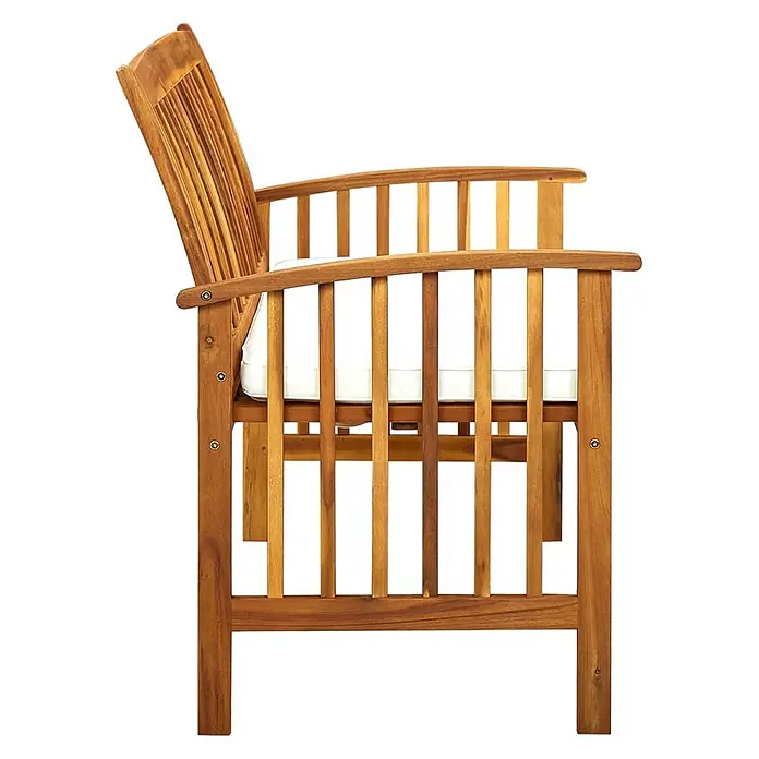 Furnicato Gartenbank Akazien-Massivholz - B x T x H: 119 x 64 x 90 cm, Creme - Seitenansicht eines braunen Holz-Latten-Sessels mit weißem Kissen.
