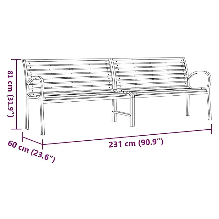 Furnicato Gartenbank pulverbeschichtet - B x T x H: 231 x 62 x 82 cm, Braun - Lange Lamellen-Gartenbank aus Holz mit Metallrahmen, Maße angegeben.